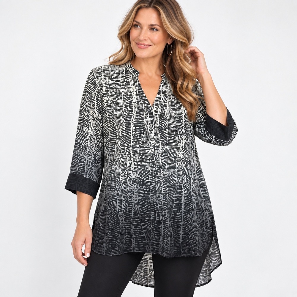 Soft Surroundings Black White Abstract Print Tunic Blouse L Hi Low 3/4 Sleeve